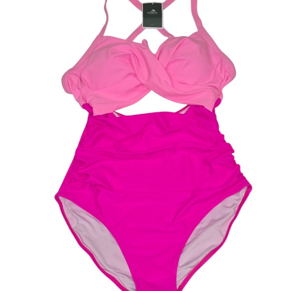 Eomenie Pink Two Tone Cutout One Piece Swimsuit Ruched Tummy Control Medium NEW